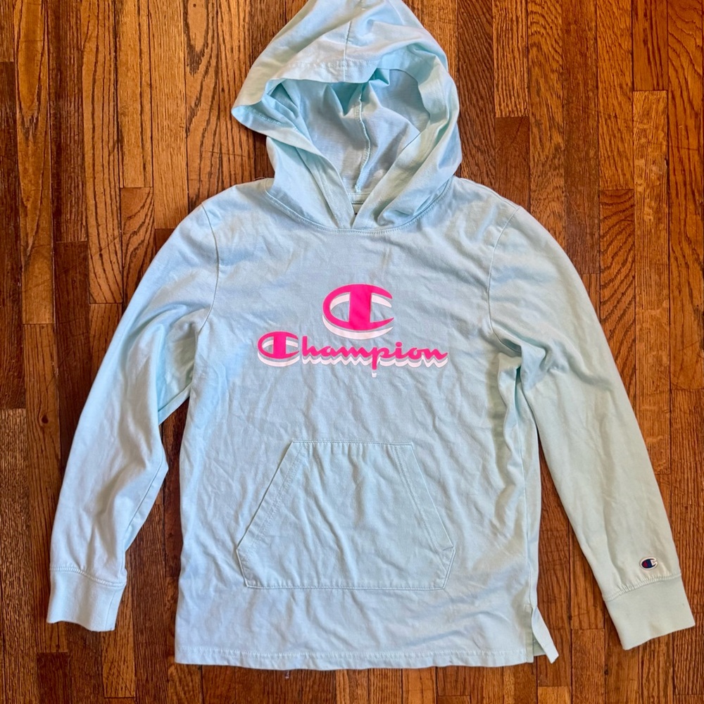 Champion Girls XL Hoodie Lightweight Long Sleeve Top – Light Blue with Pink Logo